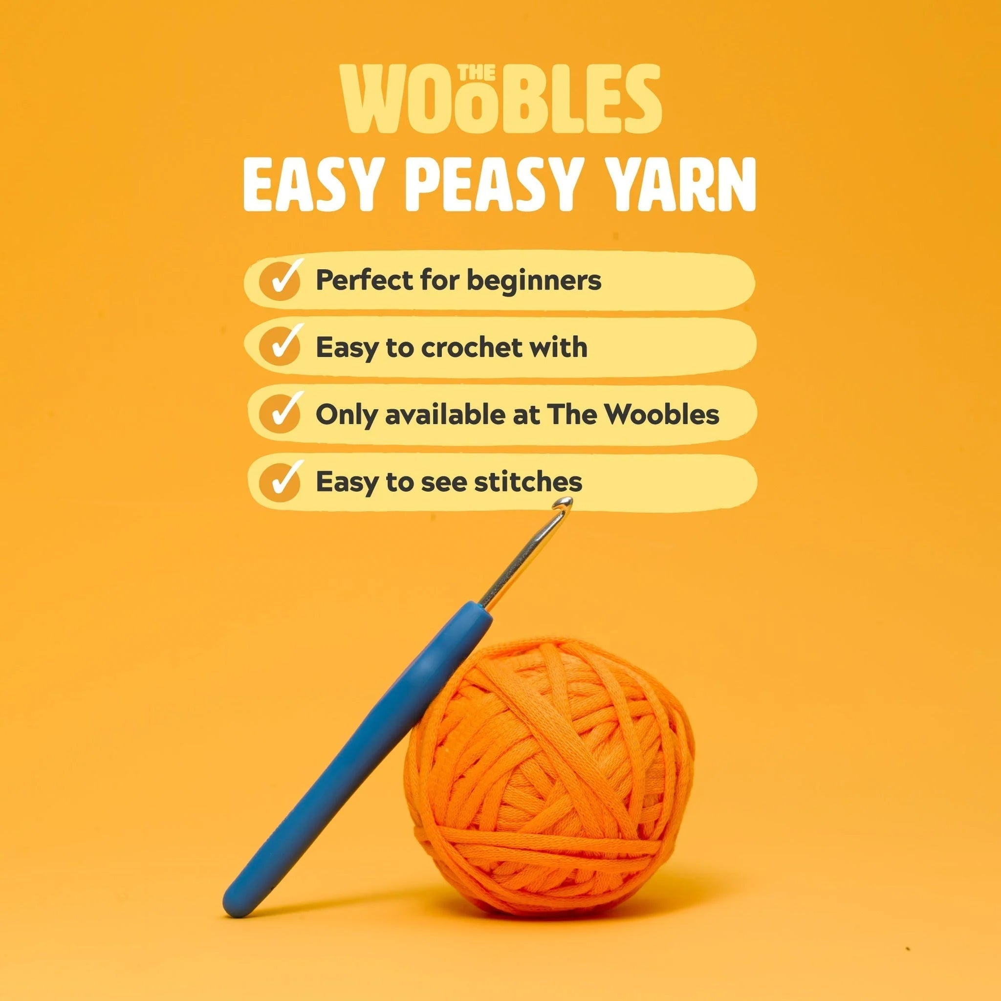 &quot;The Woobles Easy Peasy Yarn&quot;, &quot;Perfect for beginners, Easy to crochet with, Only available at The Woobles, Easy to see stitches&#39;. 