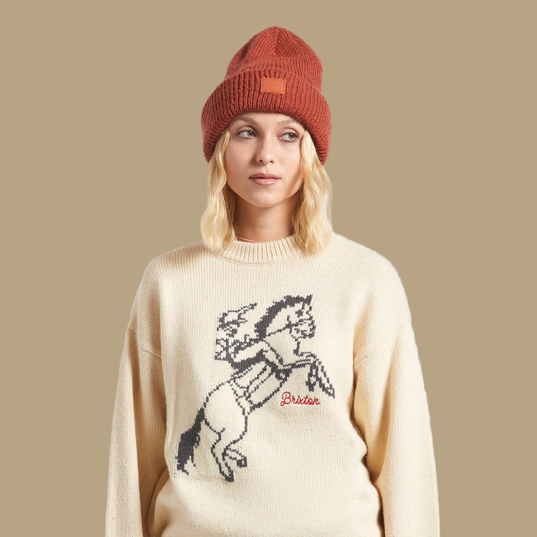 A reddish knit beanie. 