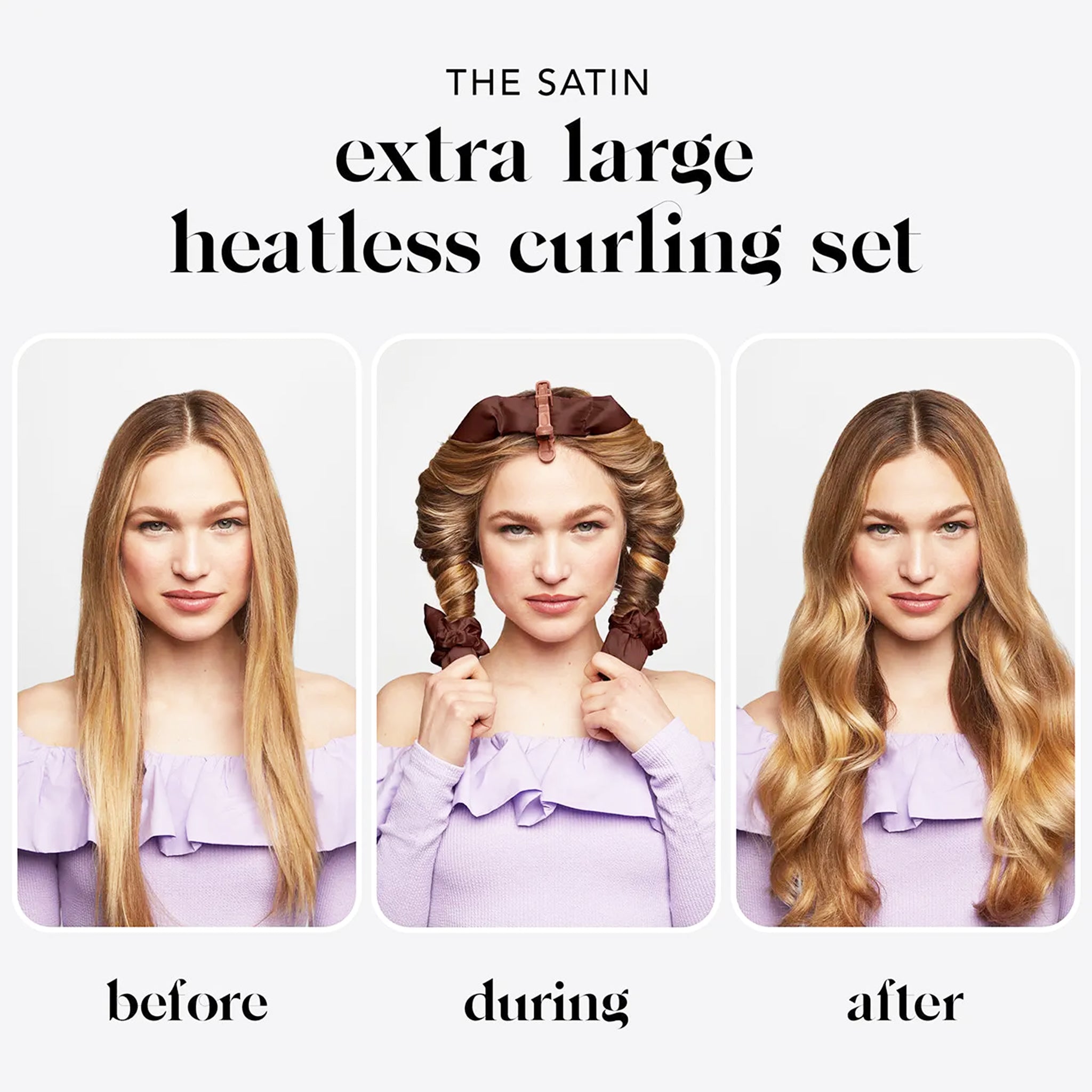 A chart showing the process of using the heatless curling set. 