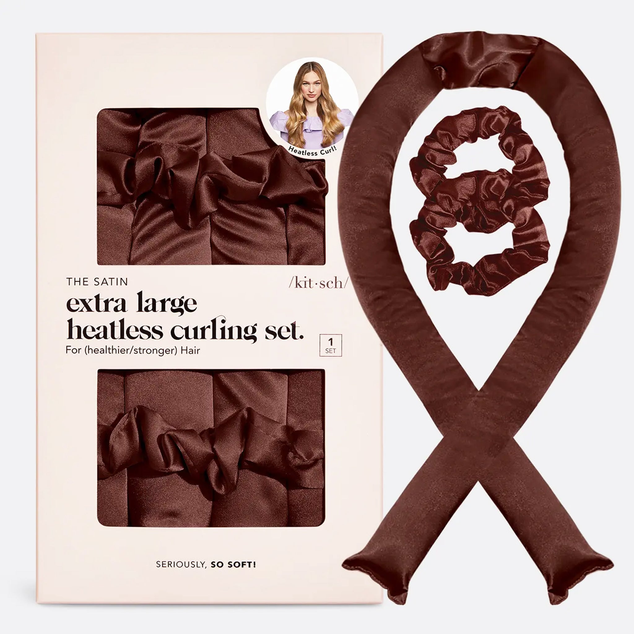 A chocolate brown satin curling set and the packaging it comes in. 