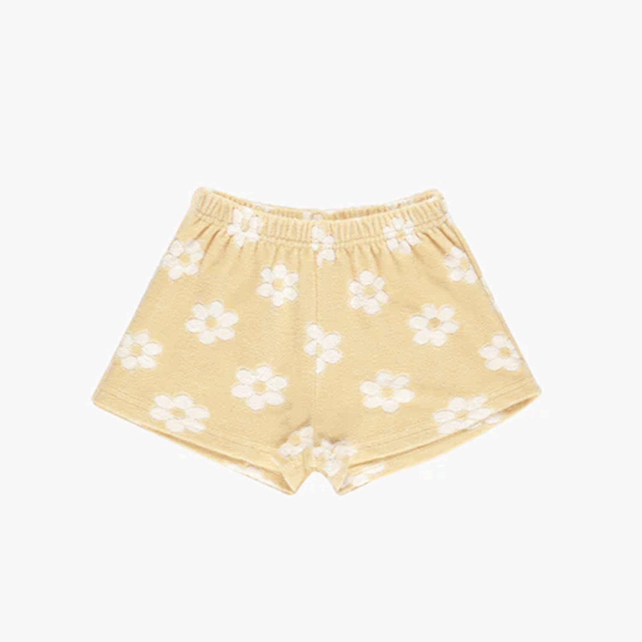 A yellow daisy printed pair of terry track shorts.