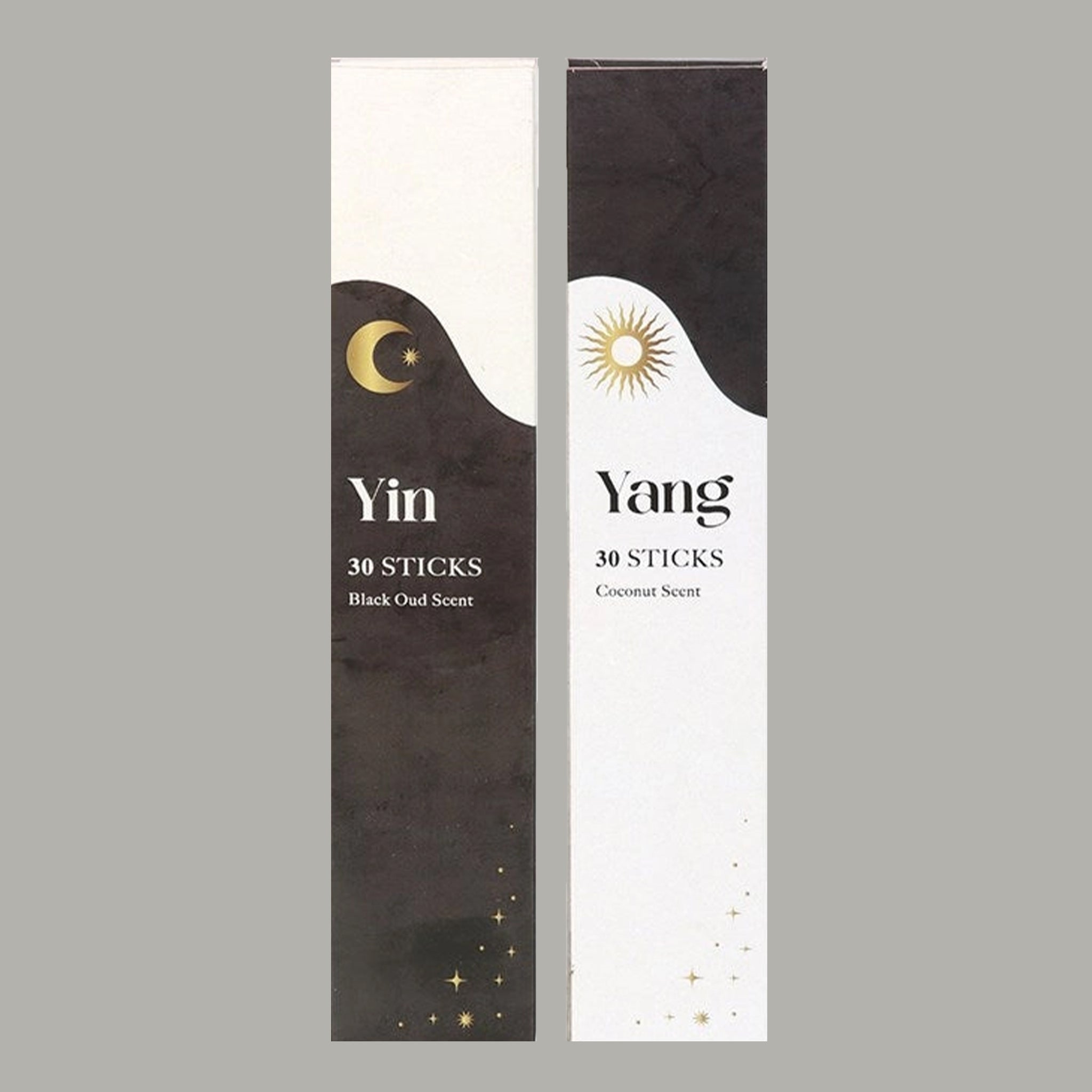 A black and white set of yin and yang incense sticks with text on the front of the packaging that reads, 'Yin 30 Sticks Black Oud Scent' and Yang 30 Sticks Coconut Scent'. 