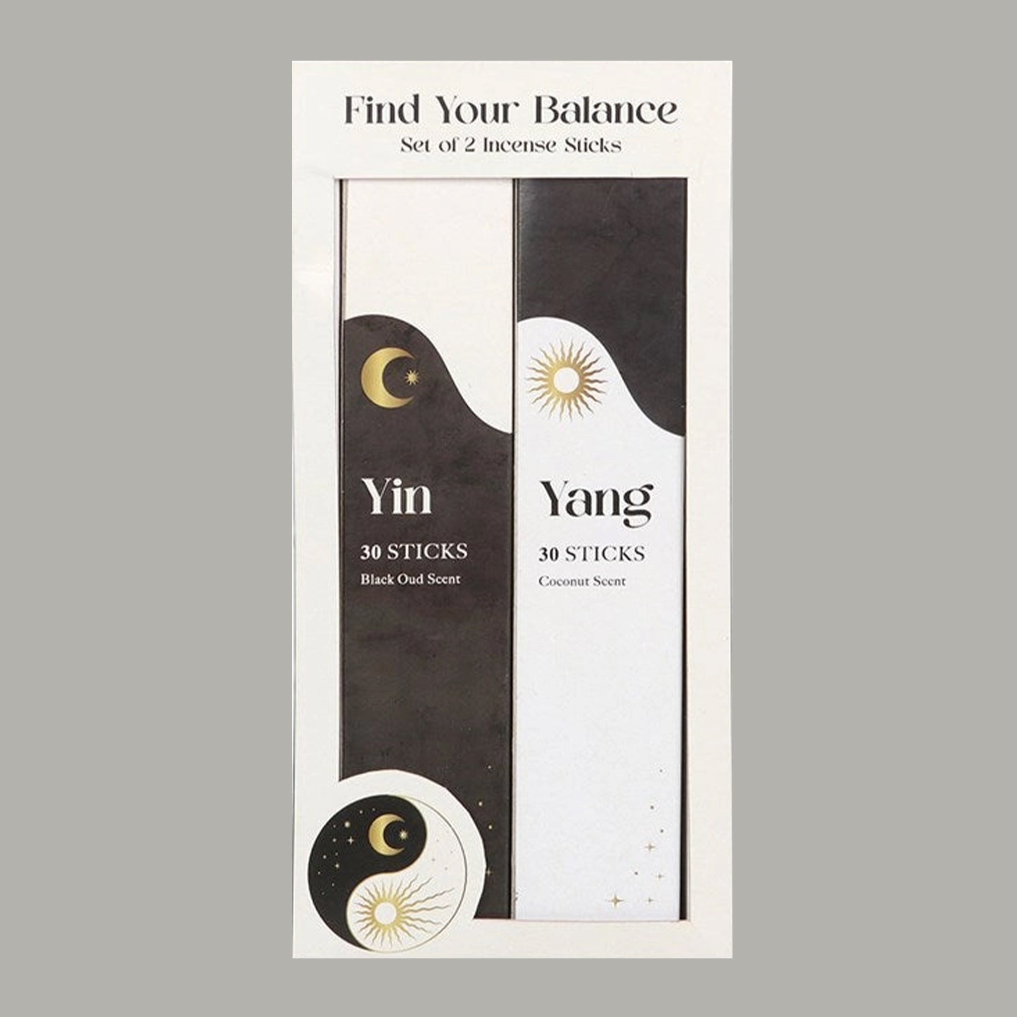 A black and white set of yin and yang incense sticks with text on the front of the packaging that reads, 'Yin 30 Sticks Black Oud Scent' and Yang 30 Sticks Coconut Scent'. 