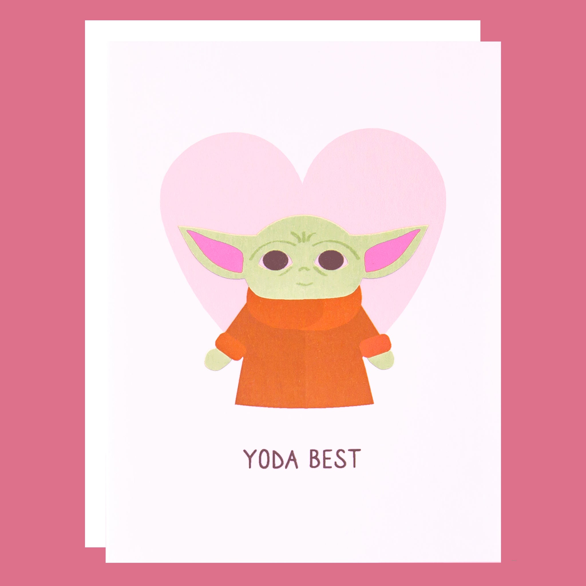 Card with a cartoon Yoda character and heart on a pink background