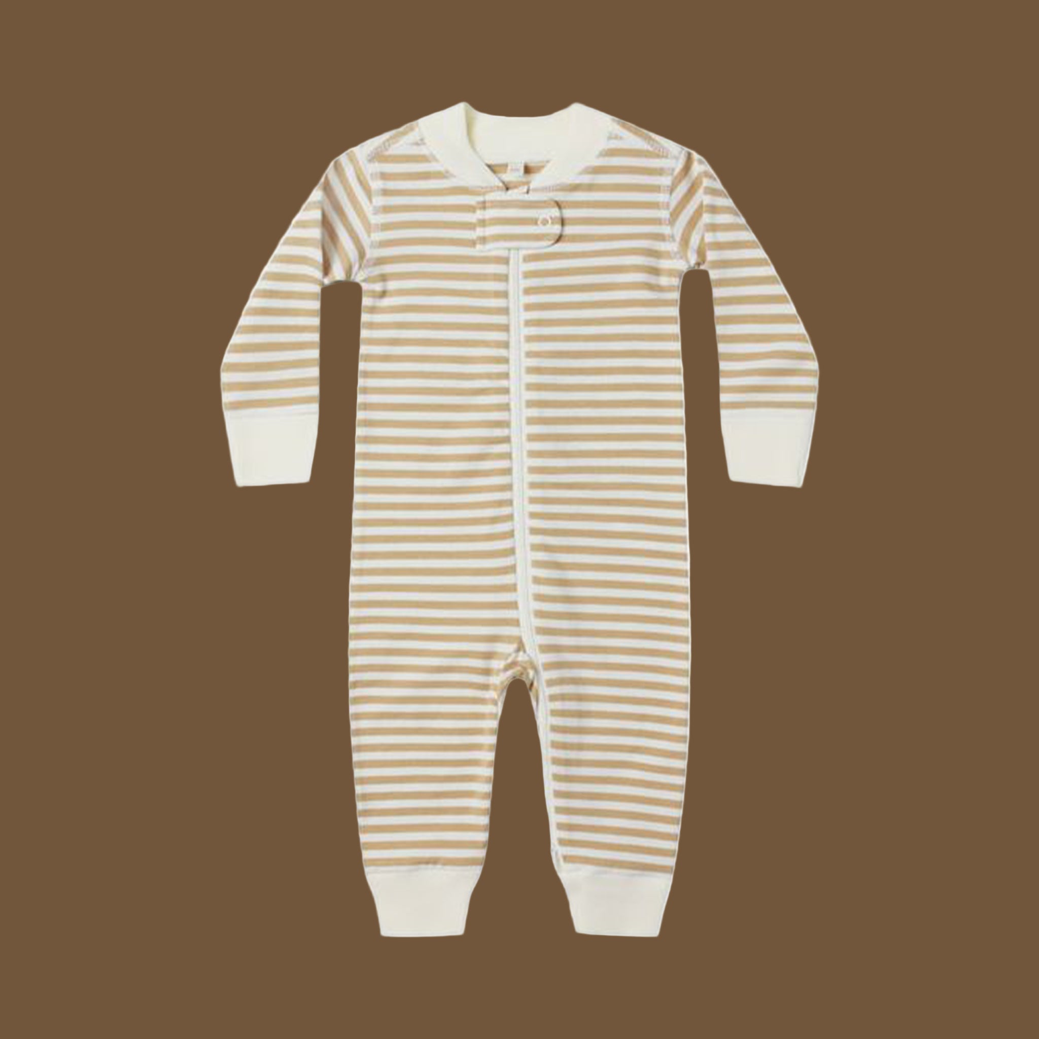 A long sleeve tan and white striped sleeper onesie. 