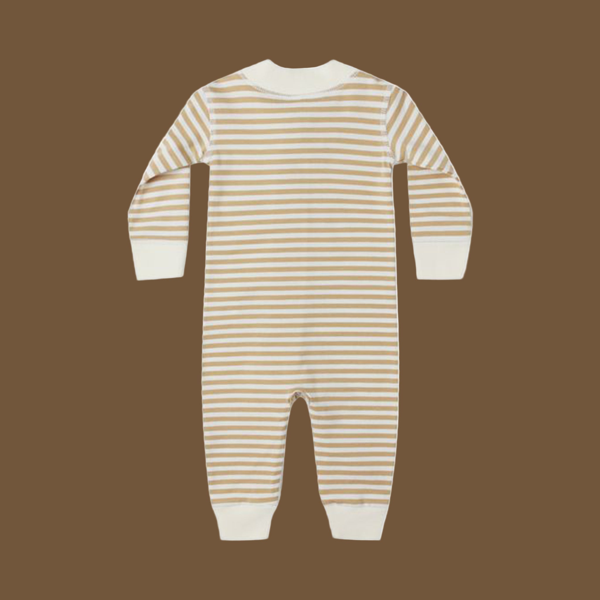 A long sleeve tan and white striped sleeper onesie. 