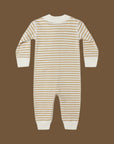 A long sleeve tan and white striped sleeper onesie. 