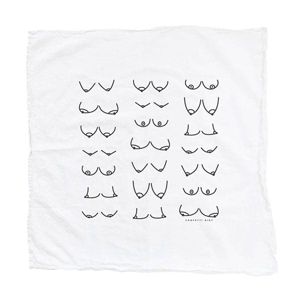 A white tea towel with black line drawings of various boobs in different shapes and sizes.