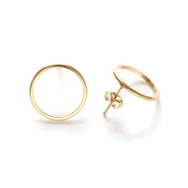 A pair of gold stud earrings with a thin open circle design.