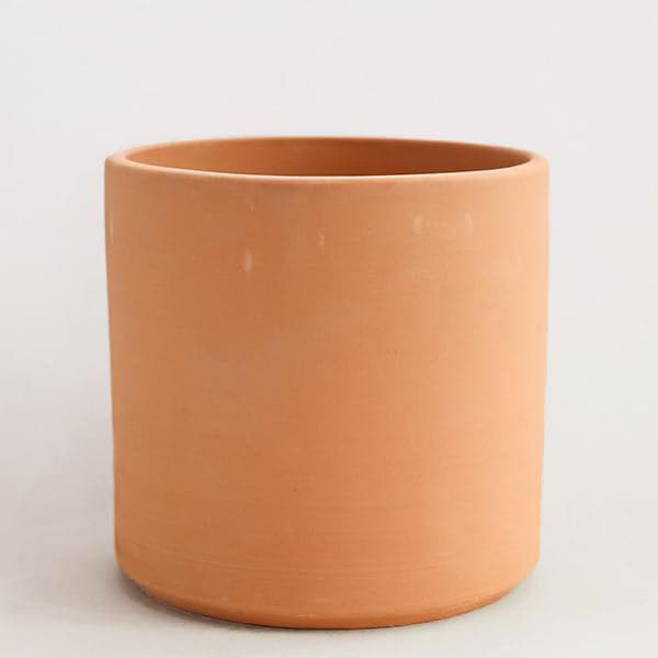On a white background is a terracotta cylinder planter with a raw terracotta finish.