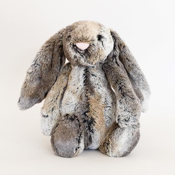 Soft stuffed animal mottled grey and gold rabbit with long floppy ears, legs and feet.