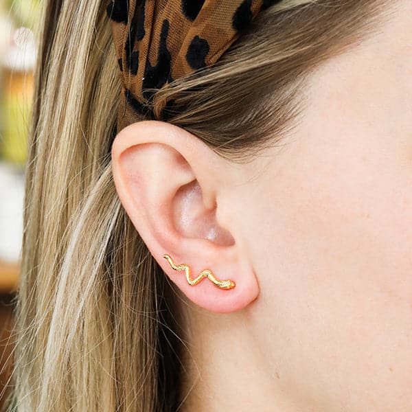 This is a picture of the side of a person’s face. Their dirty blonde hair is tucked behind their hear. The model is wearing gold snake studs. The body and tail of the snake is going up the ear. 