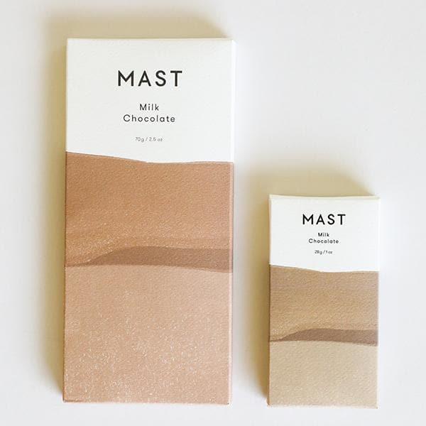 Two different sized rectangular bars of chocolate that read, &quot;Mast Milk Chocolate&quot; at the top in black letters along with a two toned wrapper that is brown and white. 