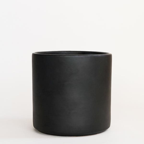On a cream background is a matte black cylinder planter with a smooth cylinder shape.