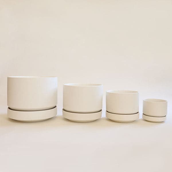 In front of a white background is four round white pots with a matching tray that tapers at the bottom. Each pot is a different size starting with the largest on the left and smallest on the right.
