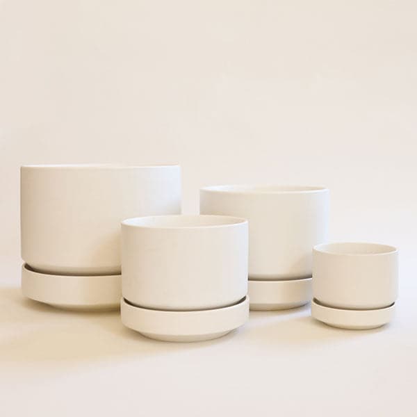 In front of a white background is four round white pots with a matching tray that tapers at the bottom. Each pot is a different size. 