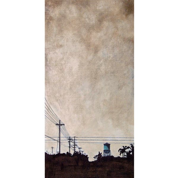 An original painting of a silhouette landscape of San Diego's North Park neighborhood with brown cloudy sky.