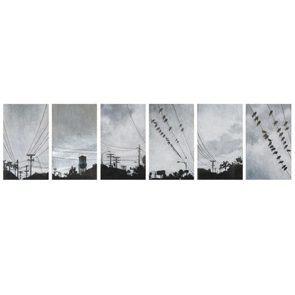 Original painting collection of 6 black and white San Diego city scapes with grey cloudy skies.