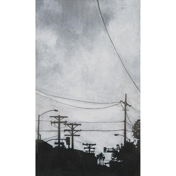 Original painting of San Diego black and white cityscape with telephone poles and palm trees and cloudy grey sky.