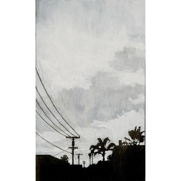 Original painting of black and white San Diego cityscape with telephone poles and palm trees, and cloudy grey skies.