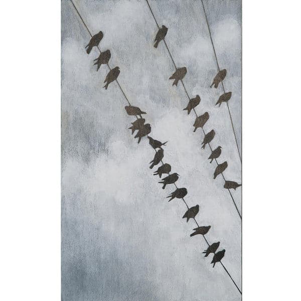 Original painting black and white birds on telephone wire and cloudy grey skies.