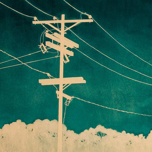Original painting of a tan silhouette of a telephone pole and wires against a emerald green wash sky.