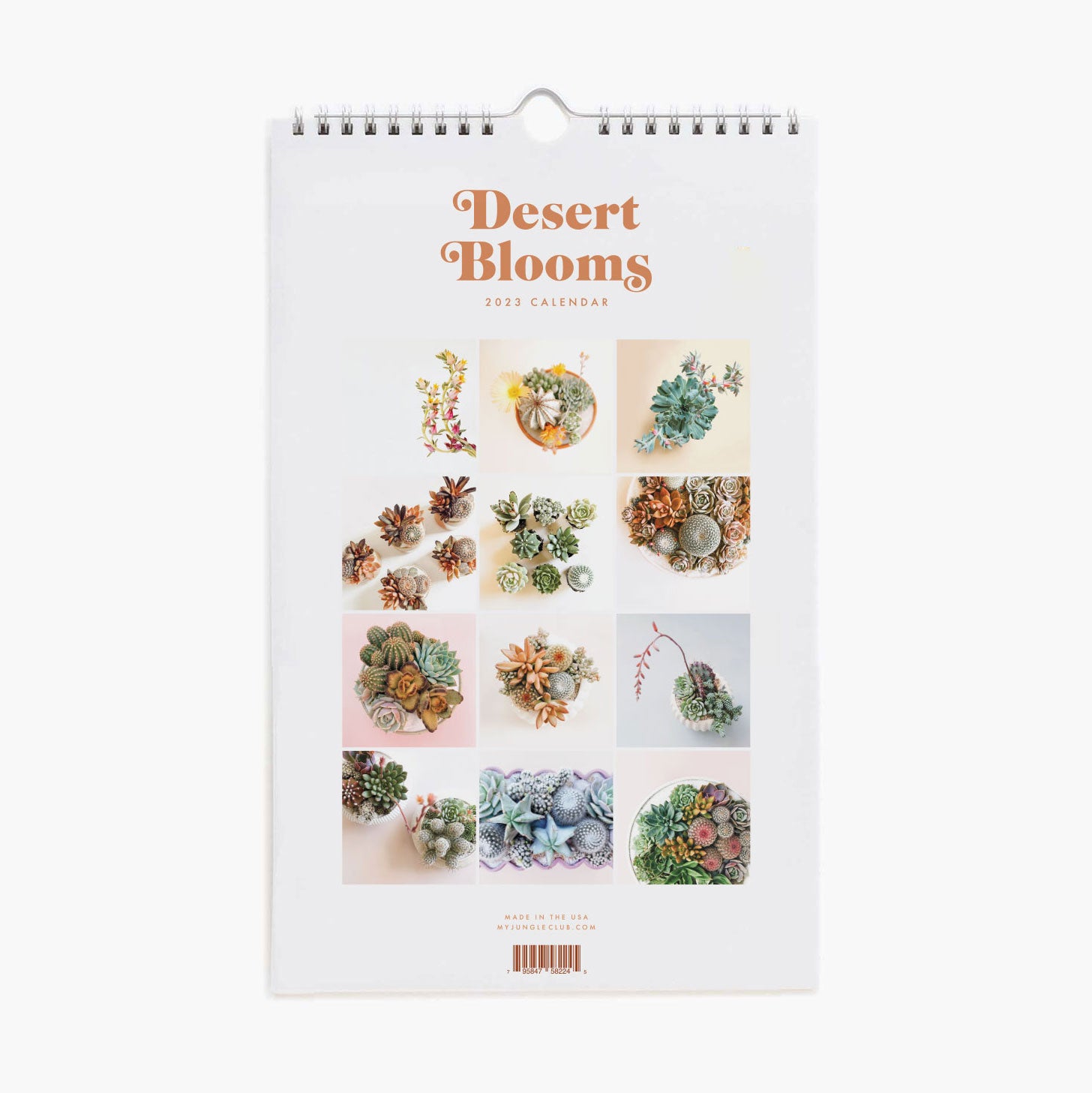A spiral bound calendar with a cream front cover with a succulent and cacti arrangement photograph and &quot;Desert Blooms 2023 Calendar&quot; in burnt orange text on the top. The interior features a monthly calendar layout accompanied by a different succulent or cacti photograph on each month&#39;s page.