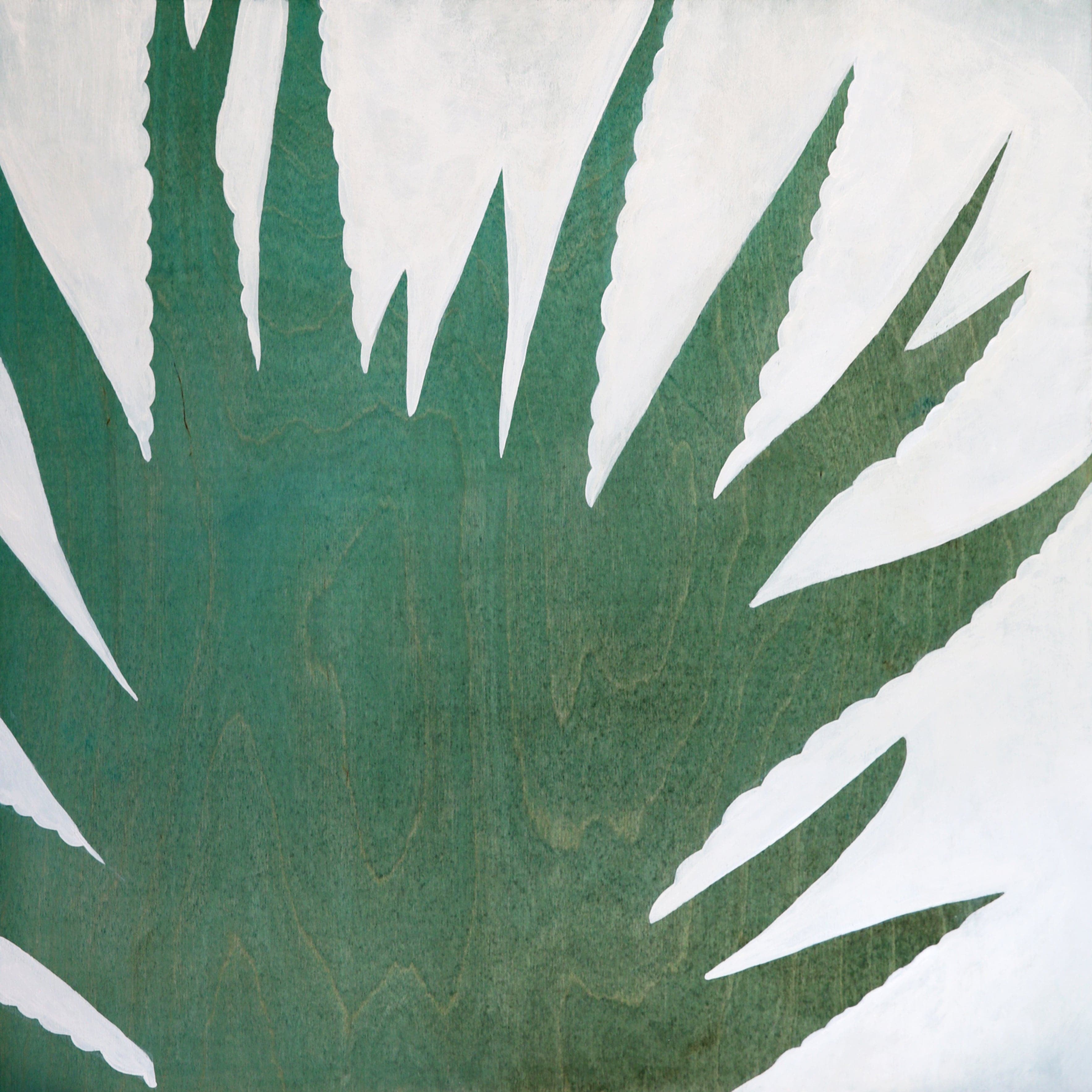 Original painting of a silhouetted rigged leafed aloe very plant in emerald green ombre colors and wood grain texture.