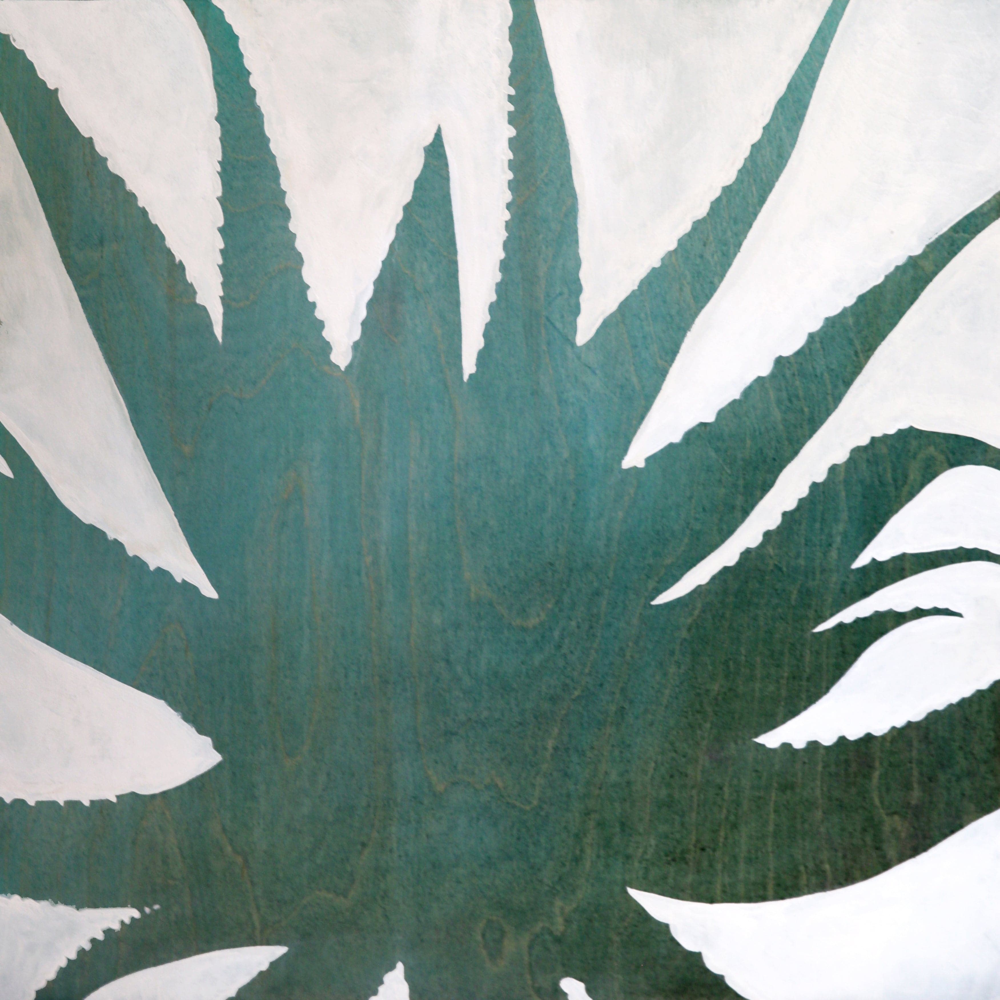 Original painting of a silhouetted rigged leaf aloe plant in dark aqua color and wood grain texture.