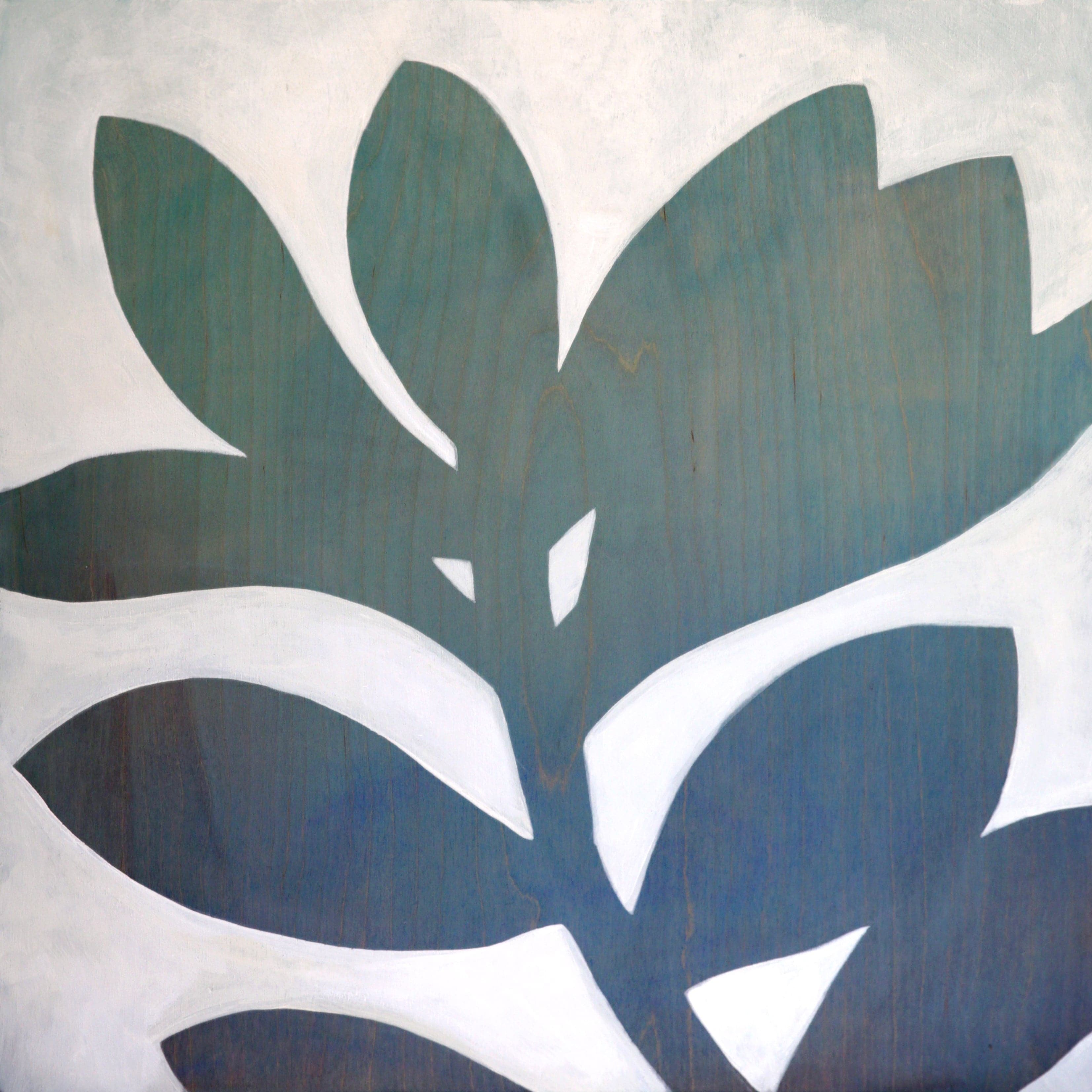 Original painting of a silhouetted blue jade plant in turquoise and navy blue ombre colors and wood grain texture.