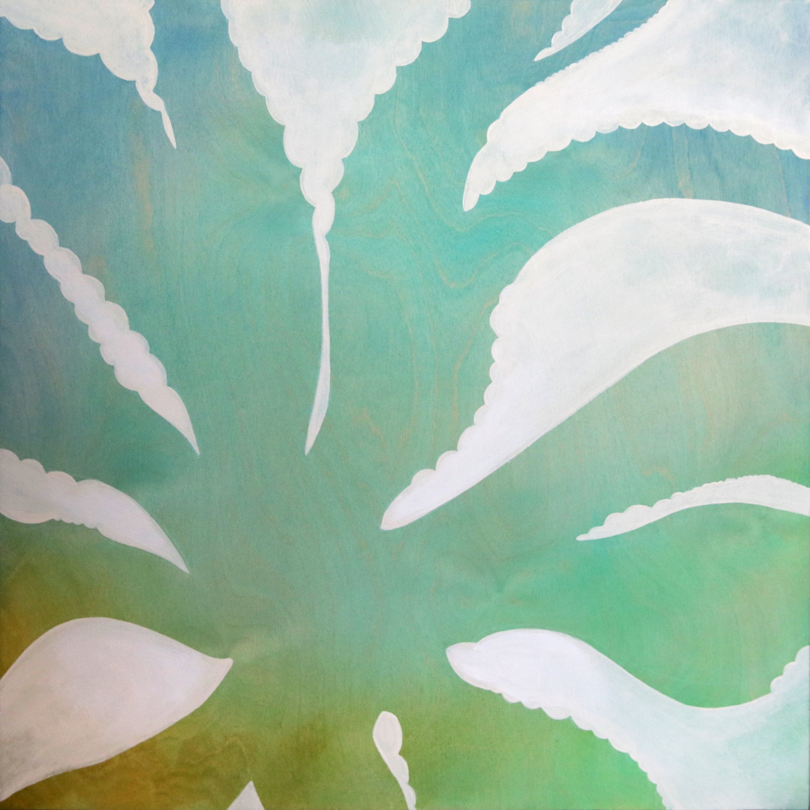 Original painting of a silhouetted rigged leaf aloe vera plant in yellow, green, blue, ombre colors with wood grain texture.