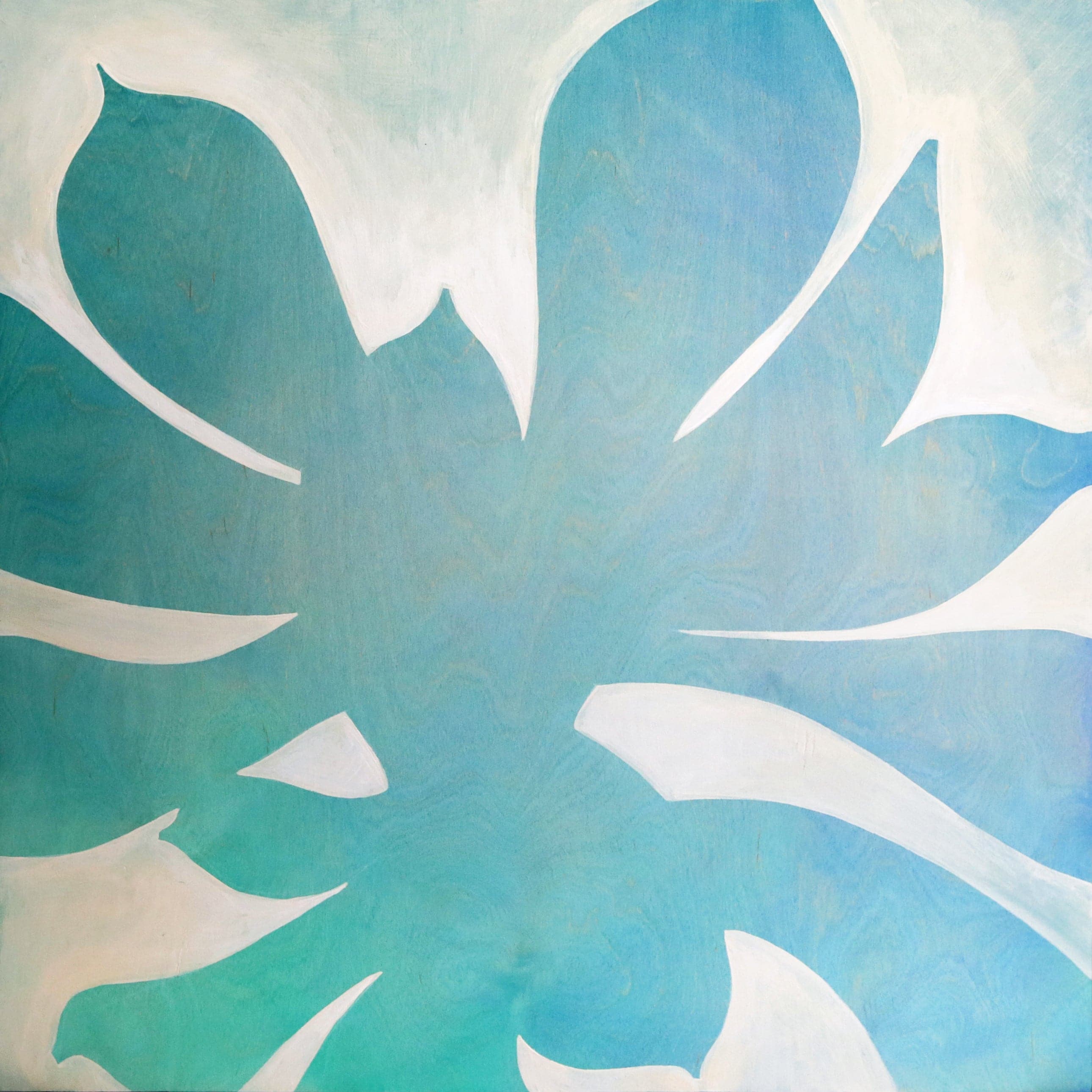 Original painting of a silhouetted blue echeveria succulent plant in aqua and light blue ombre colors and wood grain texture.