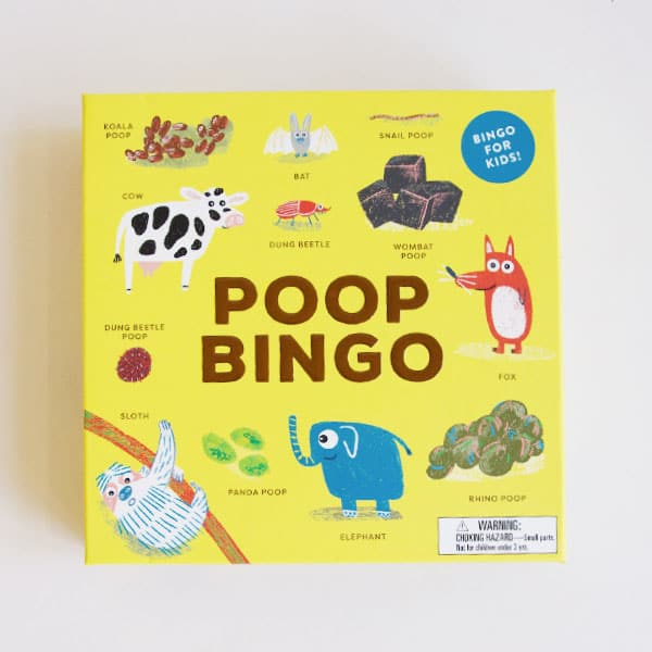 In front of a white background is a yellow square box. In the middle is brown text that reads ‘poop bingo.’ Around the text is drawings of different animals and piles of poop. 