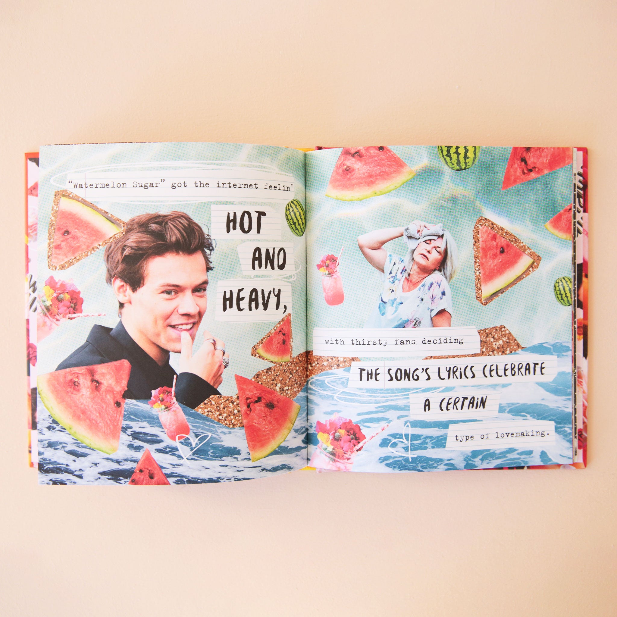 A sneak peak inside the book that features collages of photographs of harry along with fun watermelon graphics and song lyrics. 