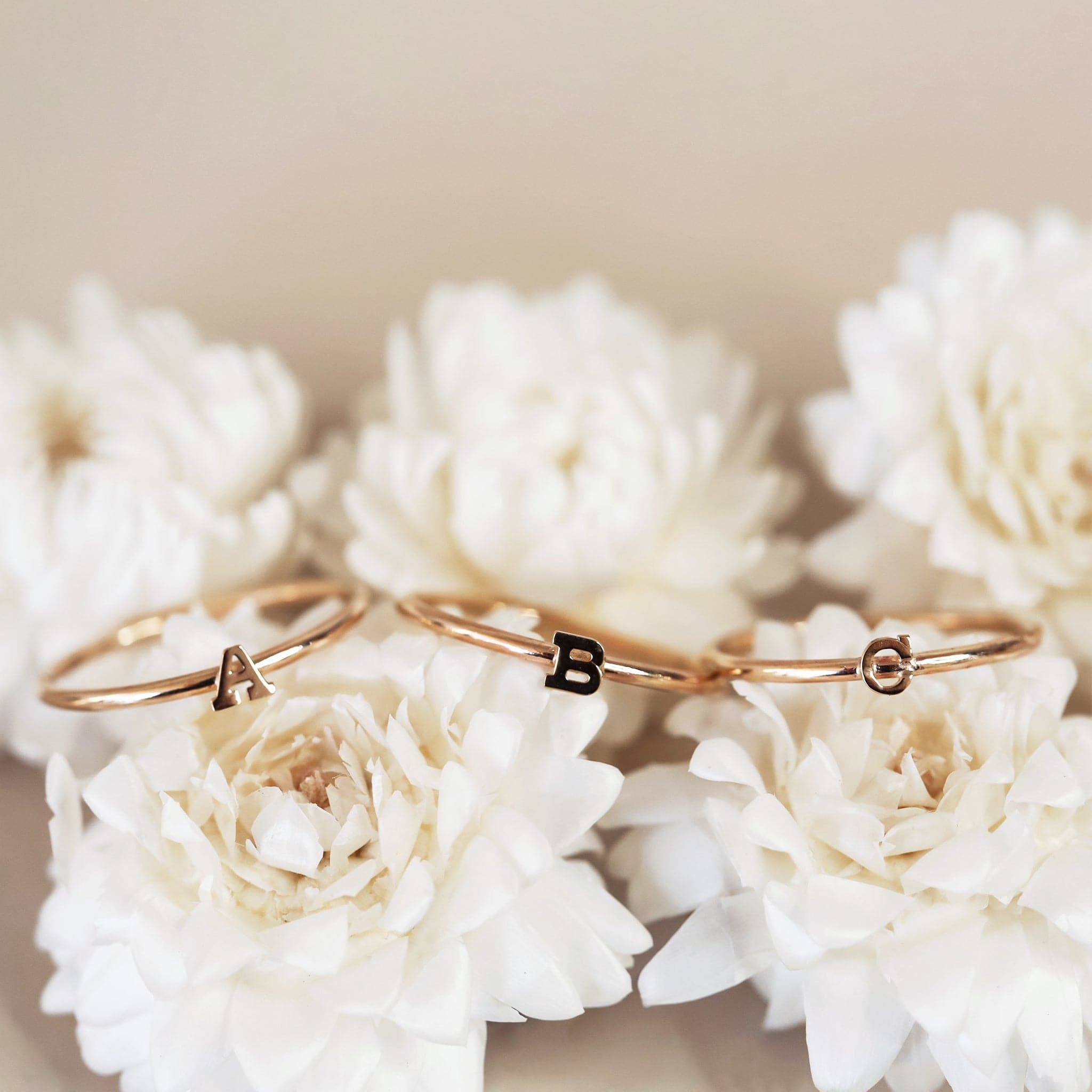 On a cream background is three dainty gold rings with a different initial in the center of each ring. 