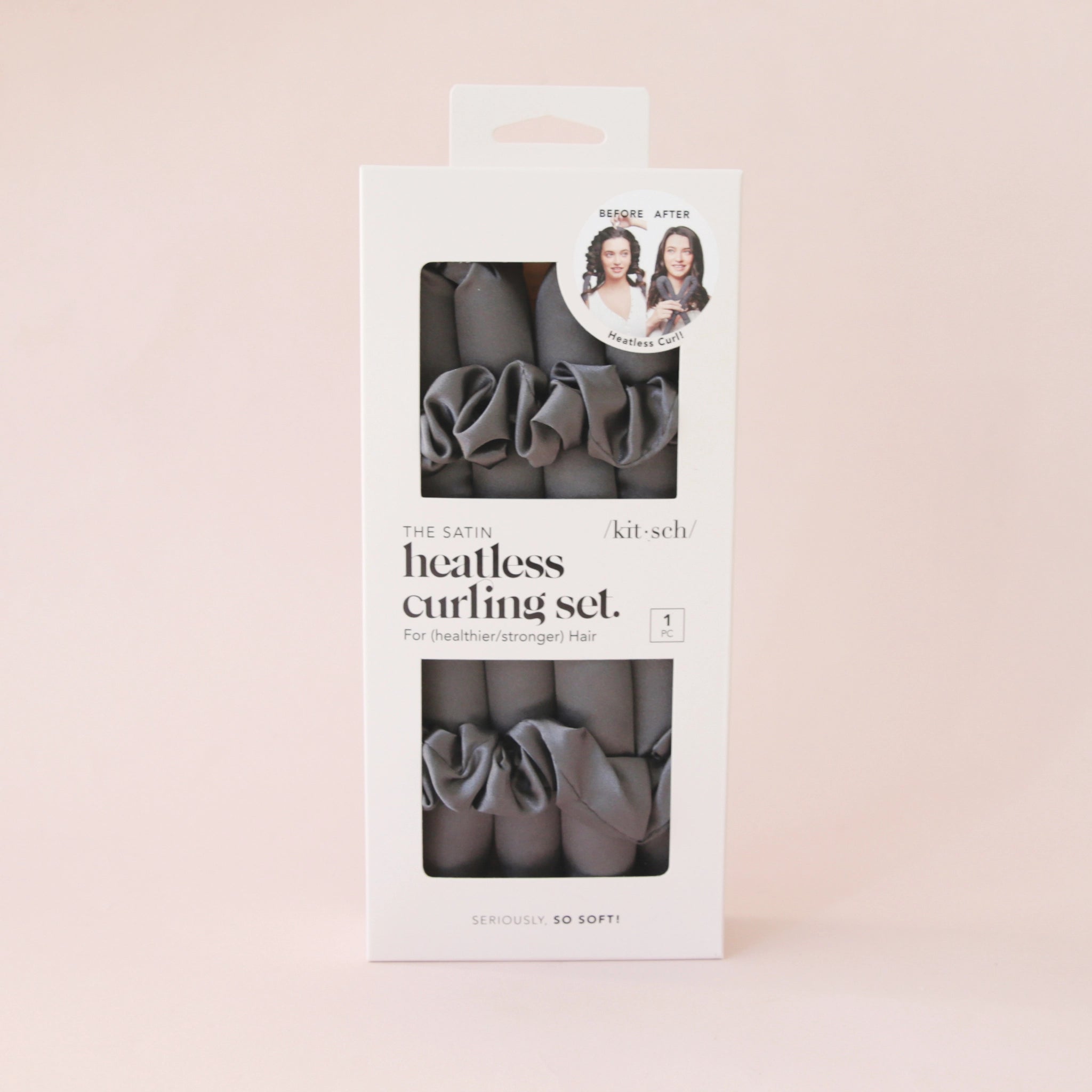Black satin heatless curlers set in a cardboard packaging.