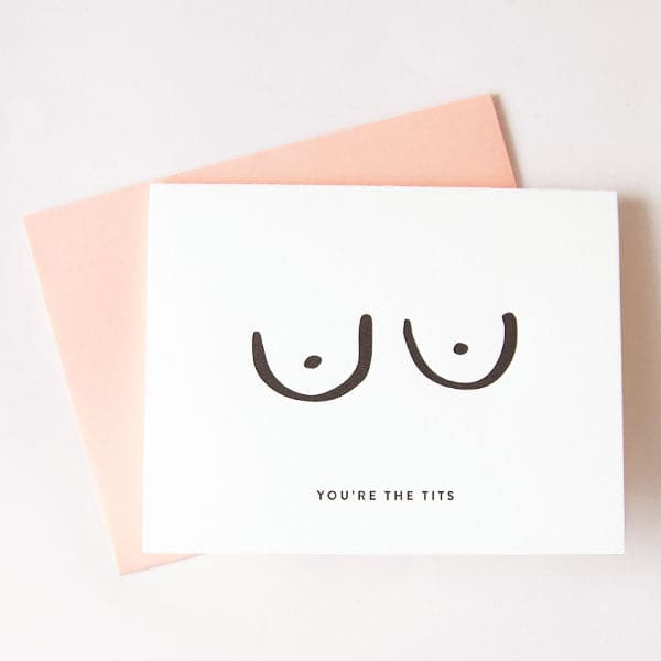 &quot;You&#39;re the tits&quot; with illustrated breasts accompanied by a light pink envelope.