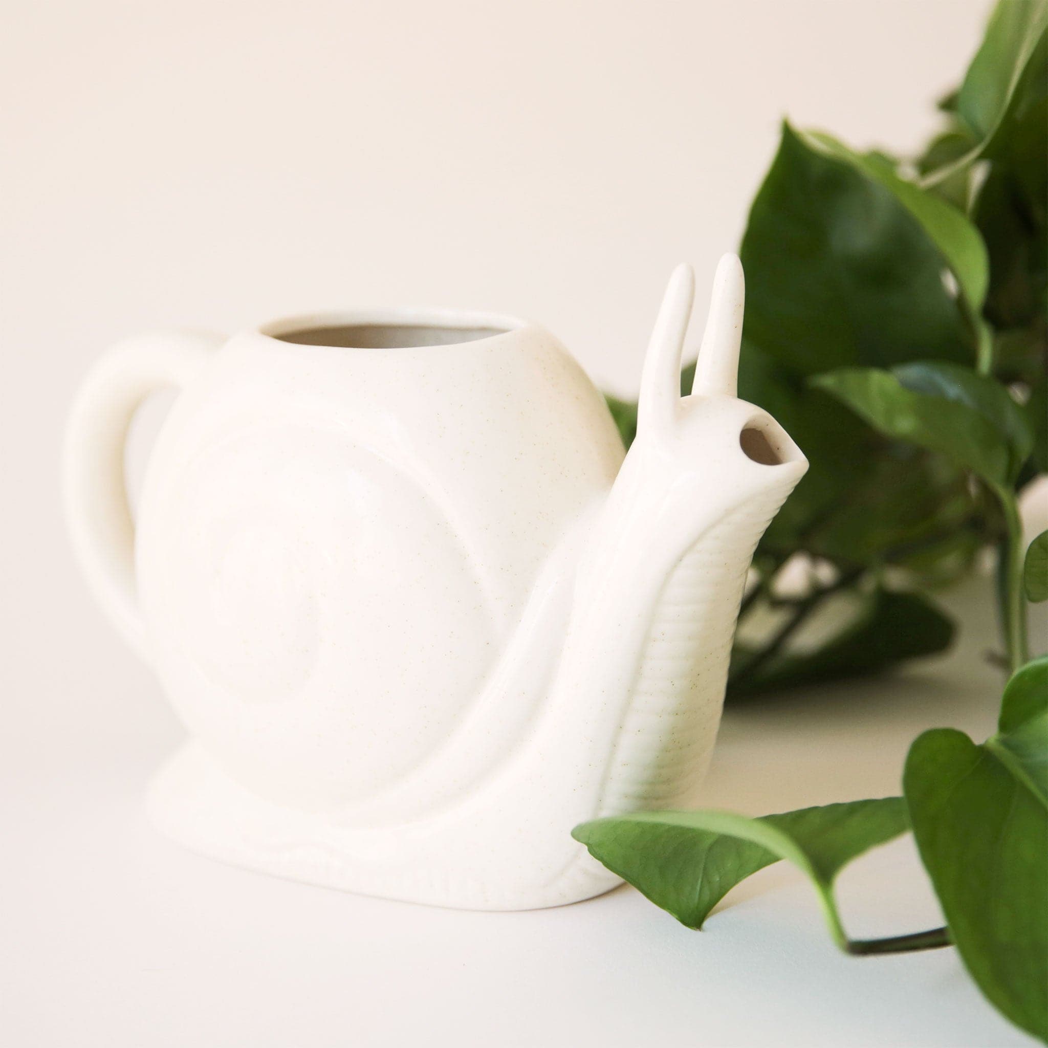 A white, ceramic watering can in the shape of a friendly snail. The opening for refilling with water is on the top of its swirly shell and the water spout comes out of the mouth area. This playful garden tool also features a comfortable handle for easy watering.