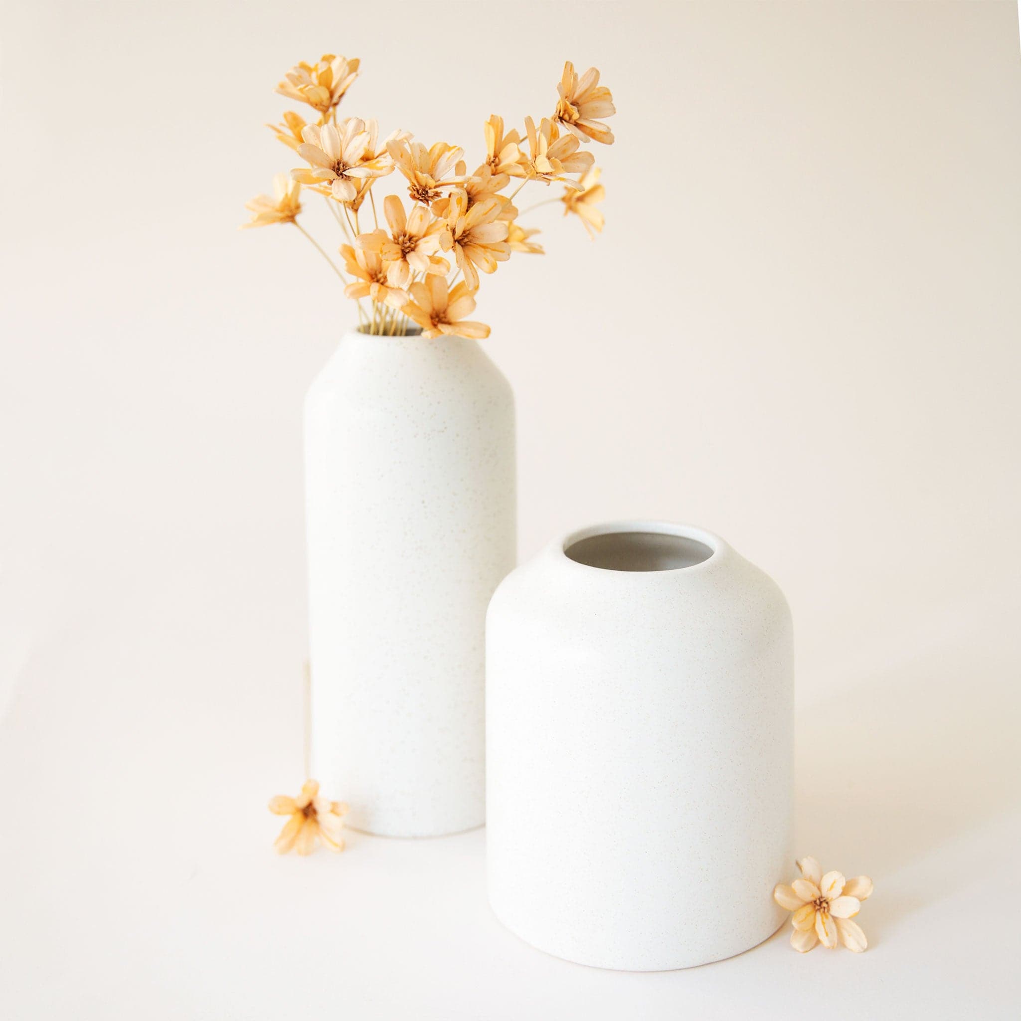 On a cream background is two different sizedl white ceramic vase with an opening at the top and staged with dried florals.