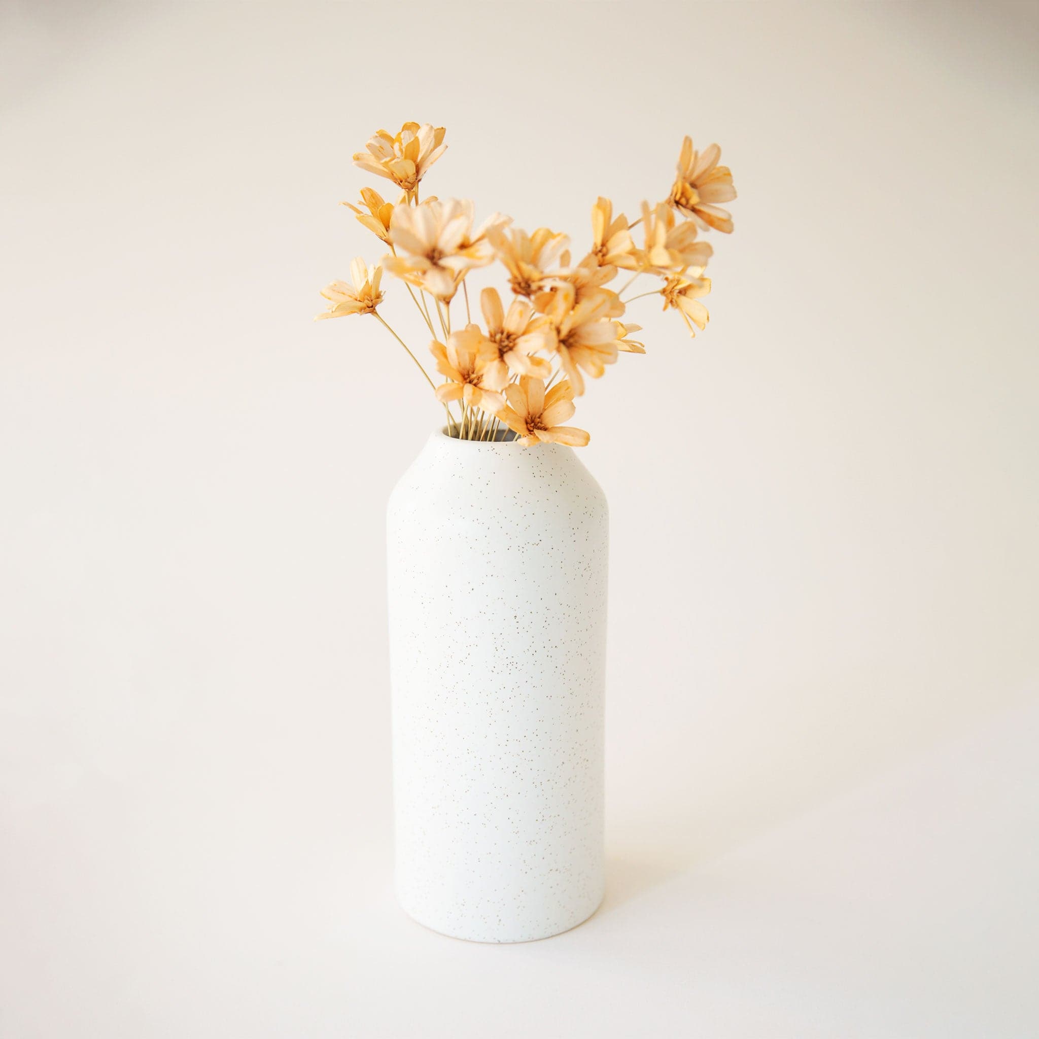 On a cream background is a tall white ceramic vase with an opening at the top and staged with dried florals.