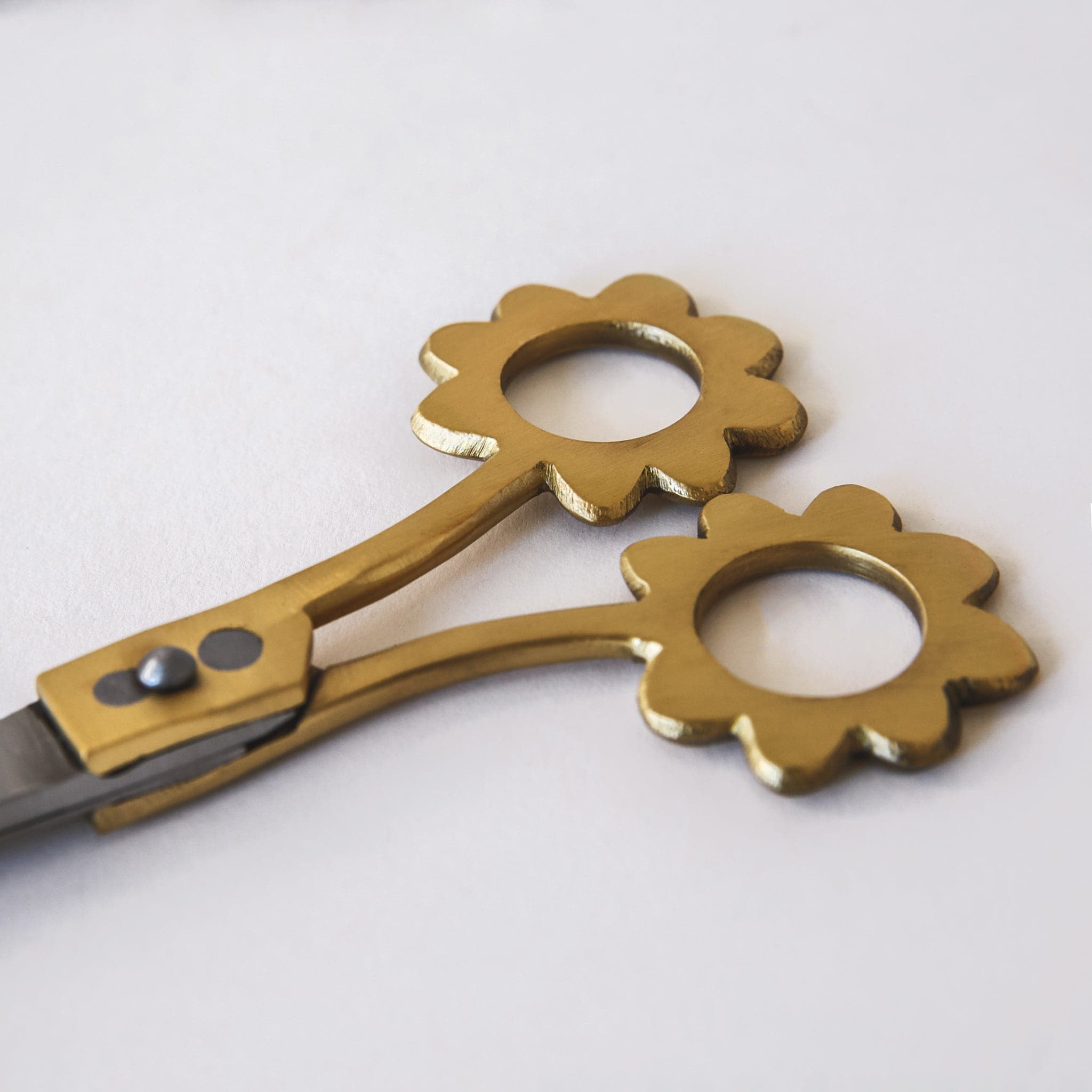 These scissors have stainless steel blades and brass handles. The holes to place your fingers through are in the shape of flowers.