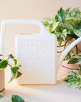 On a neutral background is a white plastic watering can with a long curved spout and a squared off handle along with a breeze block textured design on the sides of the watering can.
