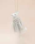 A white felt unicorn ornament with a grey tulle dress.