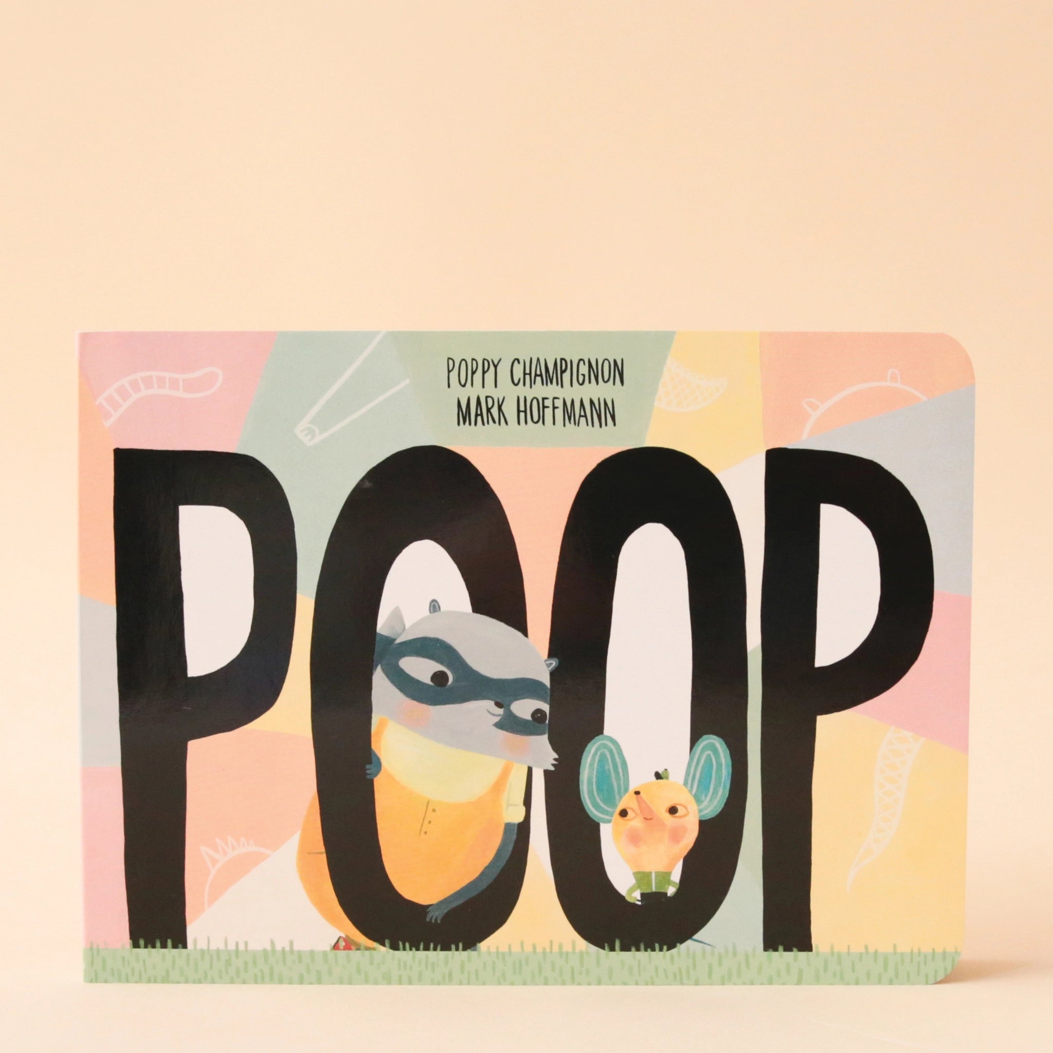 A multicolored design on the front cover along with large black letters that read, "POOP" along with a recon and little mouse character standing in the center of the 'O'.