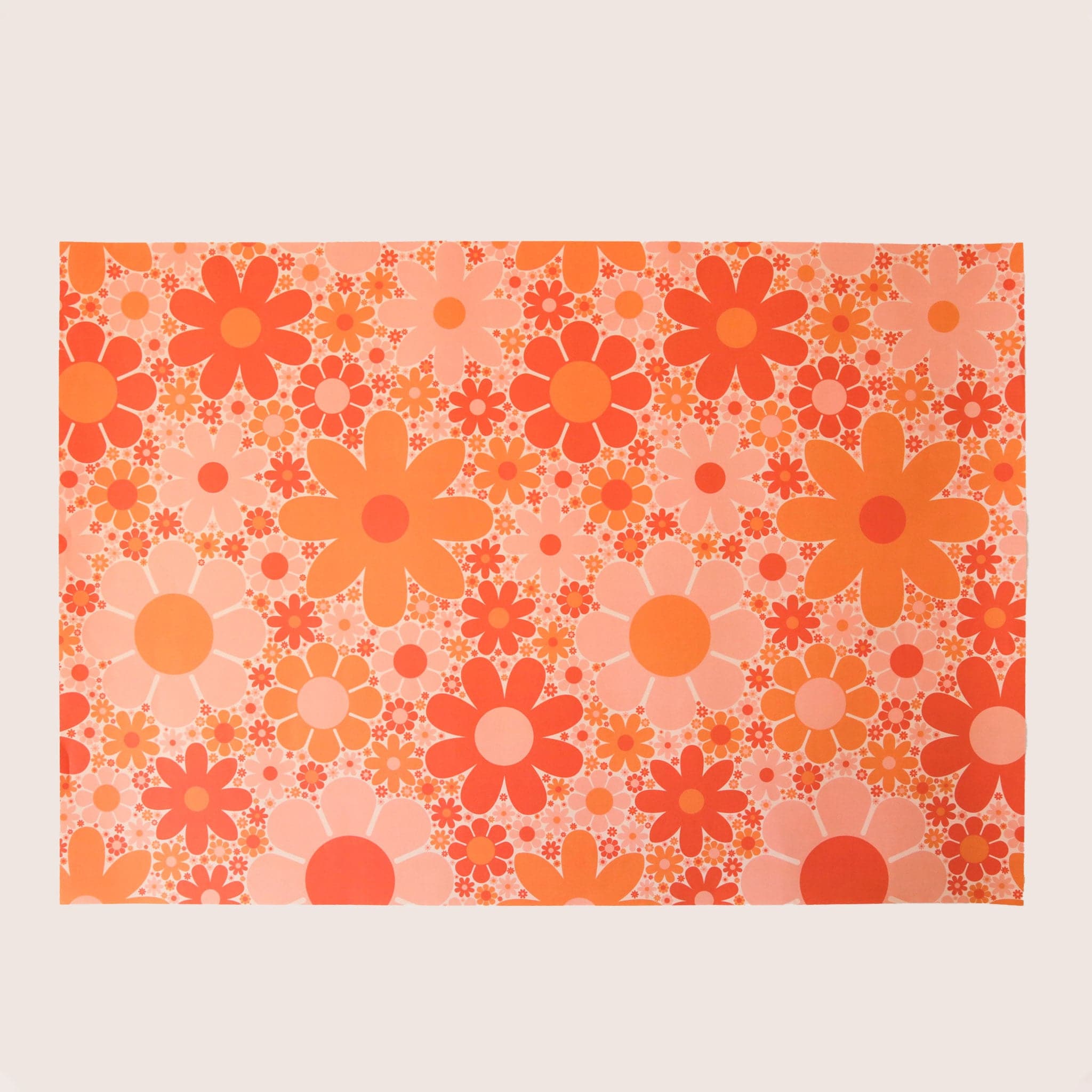 Wrapping paper with pink and orange daisies in various sizes of flowers. 
