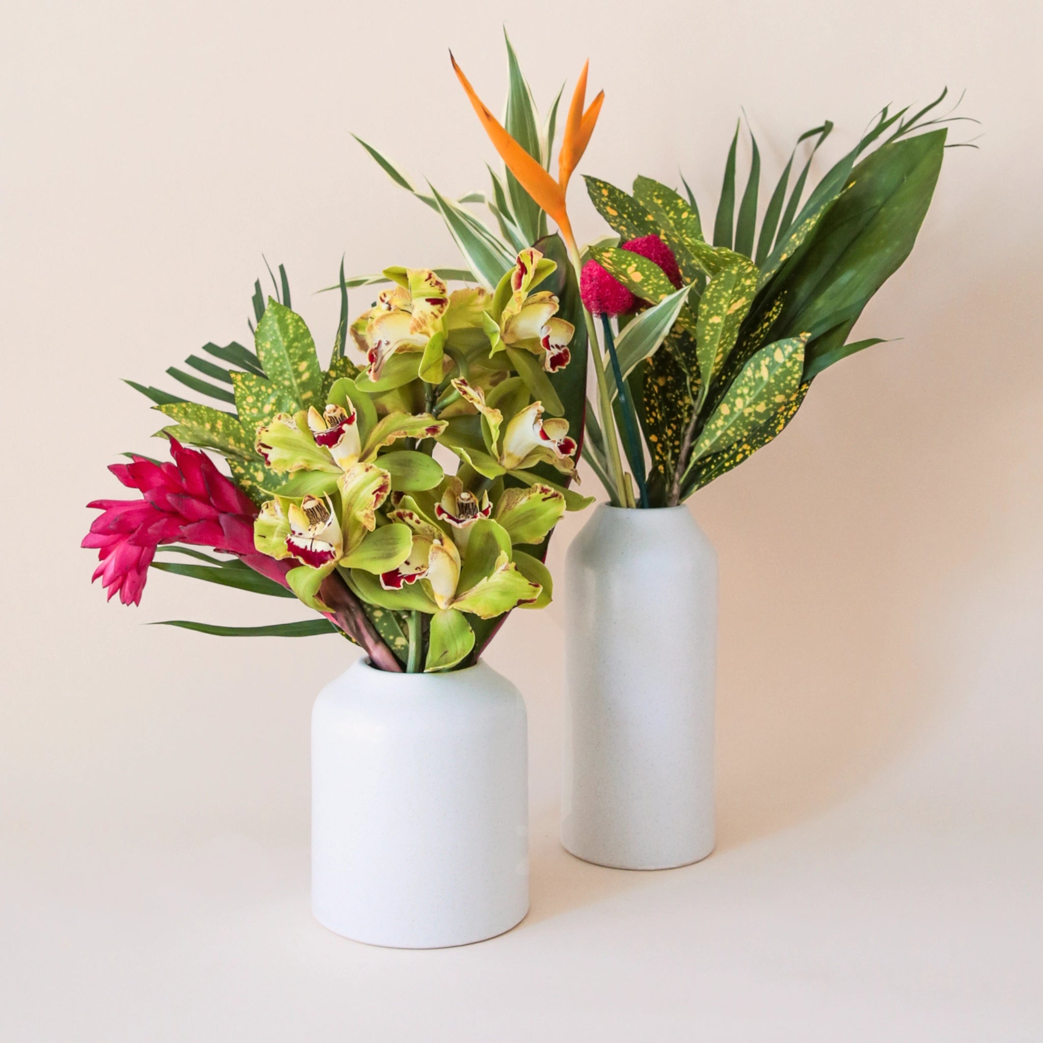 On a cream background is two different sizedl white ceramic vase with an opening at the top and staged with tropical flowers.