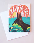 A card featuring an illustration of a tropical scene with the ocean in the background and a volcano erupting with red lava and white letters that read, " I Lava You" alongside a white envelope.