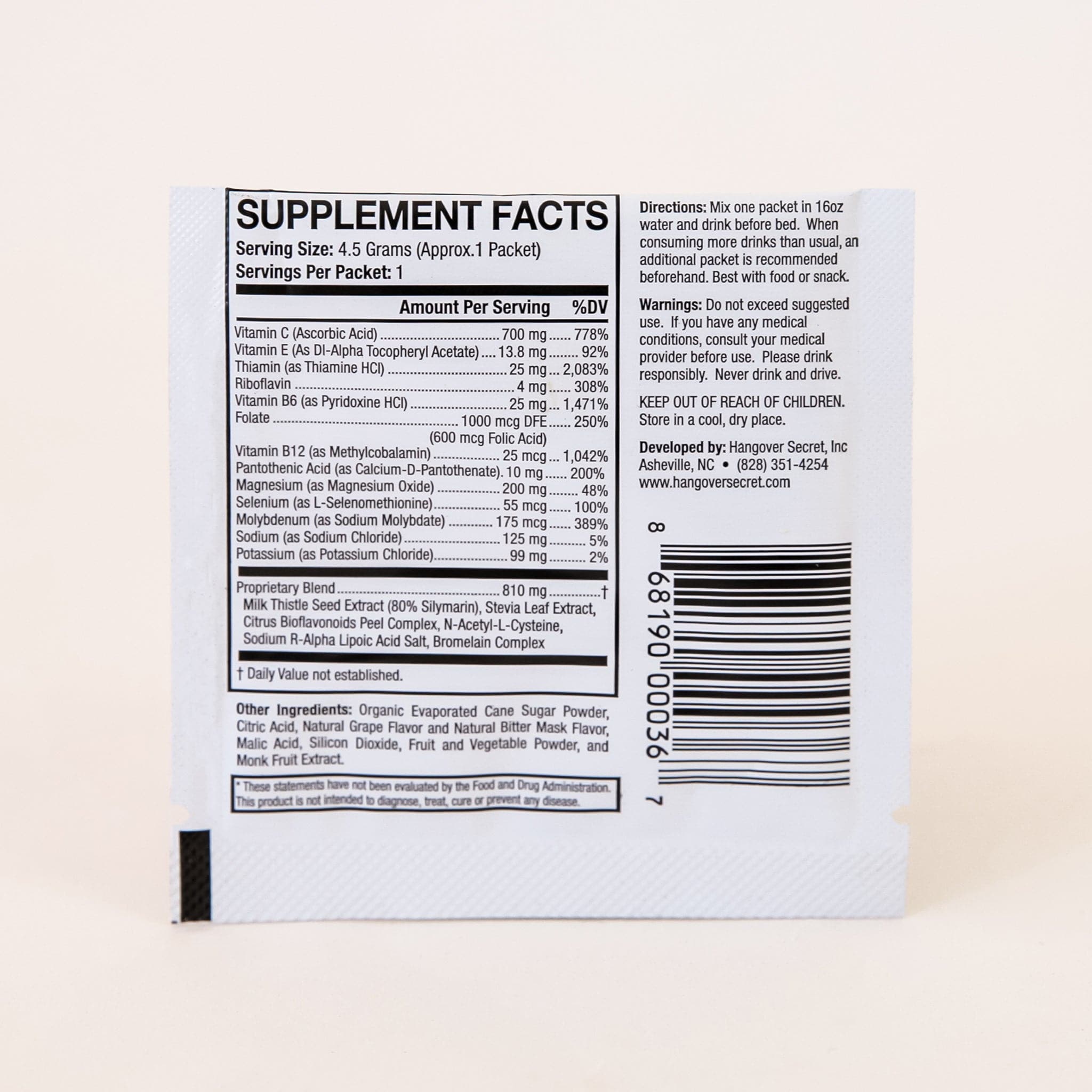 The back of the supplement packaging that lists all the supplement facts and  directions that explain to mix this packet wish 16oz of water and to drink before bed.
