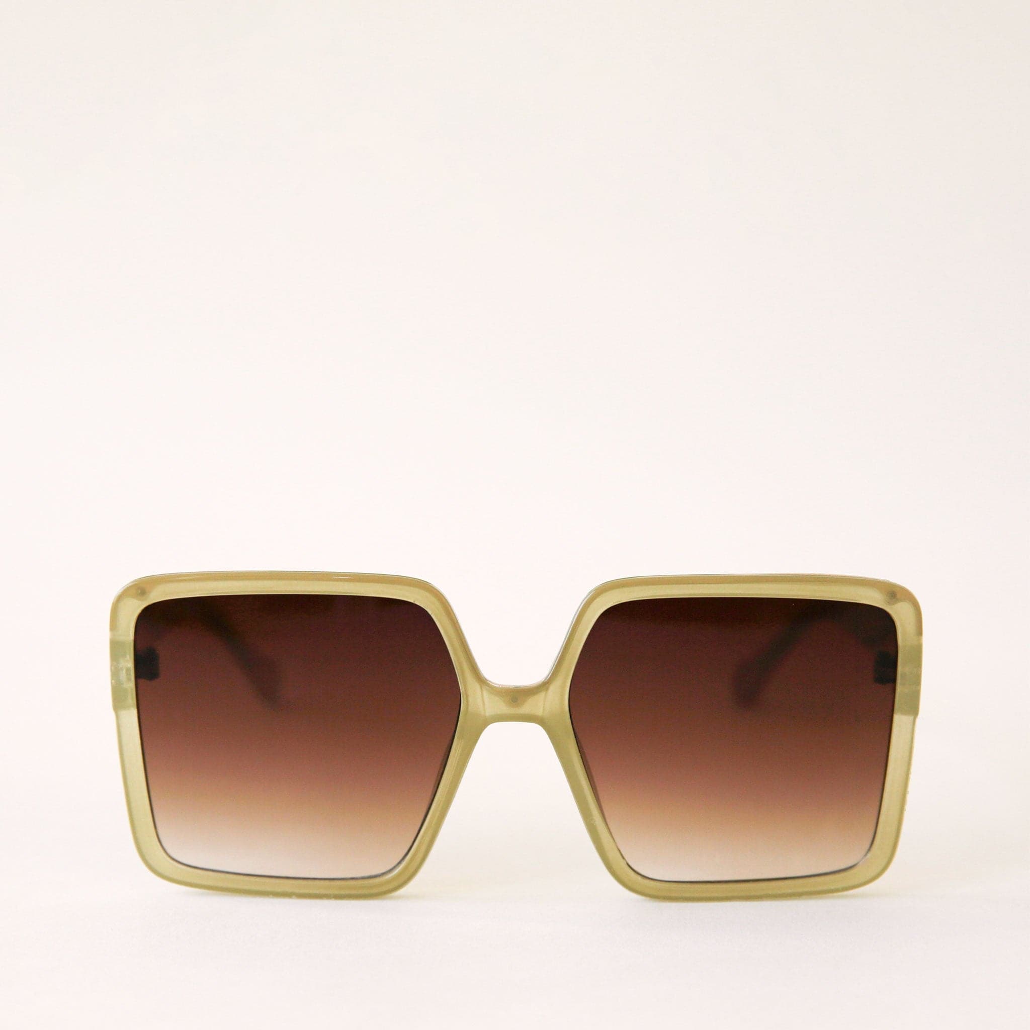 70&#39;s inspired square sunglasses with an olive green frame and a brown lens.