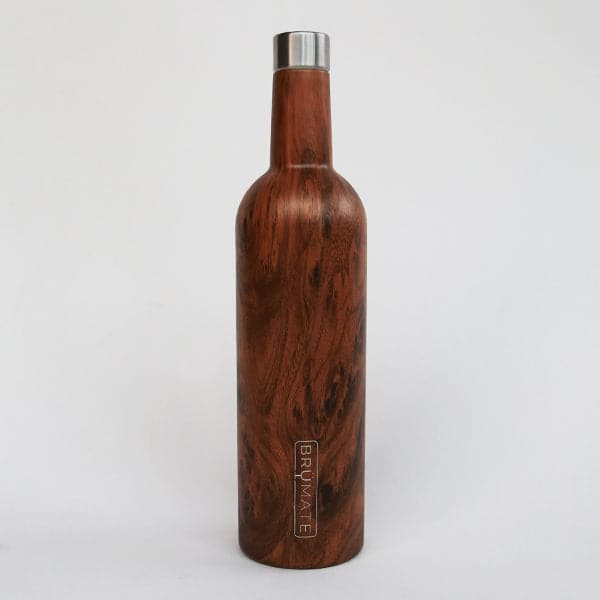 25 Oz Wine Canteen in a Walnut shade. This bottle is shaped that of a wine bottle with a silver lid where the cork would be fastened. The bottle reeds &#39;BRUMATE&#39; in silver lettering on the bottom half. 